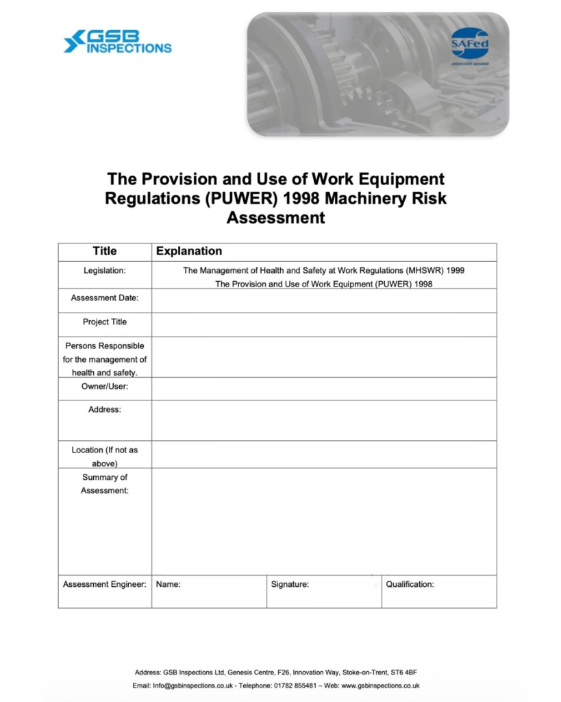 PUWER risk assessment report for work equipment