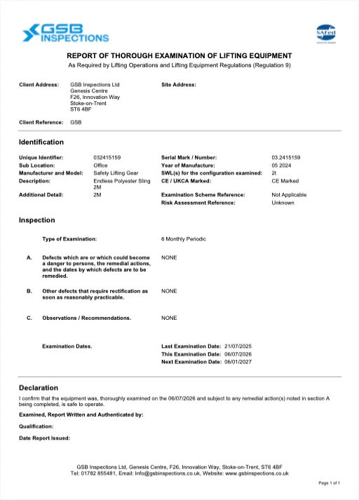 Report of thorough examination of lifting equipment issued by GSB Inspections